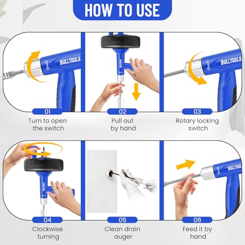 BULLTOOLS Drain Auger, 25FT Drain Clog Remover with Drill Adapter, Flexible Snake Drain Hair Removal Tool for Kitchen Sink, Bathtub, and Shower Comes with Gloves and Storage Bag