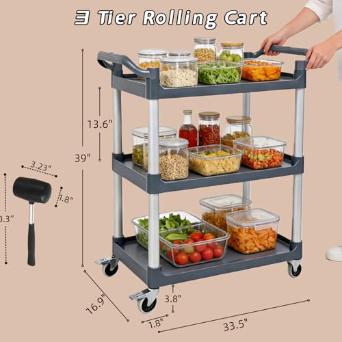3 Tier Utility Cart with Handle 500 lbs Load Capacity Heavy Duty Serving Cart with Wheels for Kitchen Warehouse Garage Restaurant, Plastic Rolling Trolley Utility Shelf for Storage, Gray