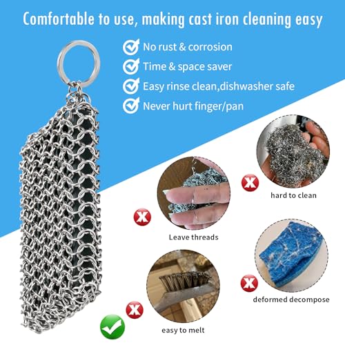 Herda Chain Mail Cast Iron Cleaner Scrubber,316 Chainmail Pan Scrubber Metal Cleaning Brush, Pad, Sponge Scraper to Clean Skillet,Dutch Oven, Wok,Grill Griddle,Chain Link Scrub Brush Pot Care Kit - color: Charcoal Grey