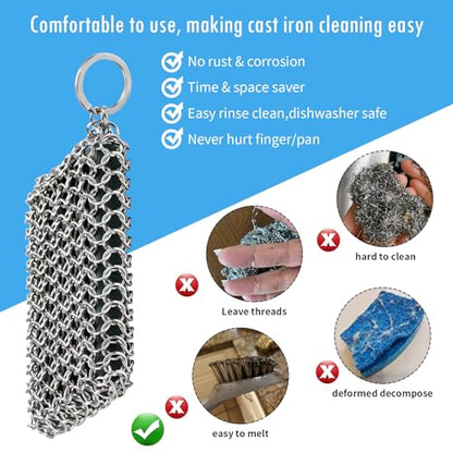 Herda Chain Mail Cast Iron Cleaner Scrubber,316 Chainmail Pan Scrubber Metal Cleaning Brush, Pad, Sponge Scraper to Clean Skillet,Dutch Oven, Wok,Grill Griddle,Chain Link Scrub Brush Pot Care Kit - color: Charcoal Grey
