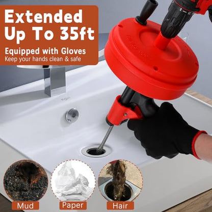 35 FT Double Mode Drain Snake Tools, 11-in-1 Drain Auger for Sink and Drain Unblocking, Plumbing Snake for Kitchen, Bathrom and Shower Sink, Snake for Real DYIs (Red) - color: 35ft-red&black