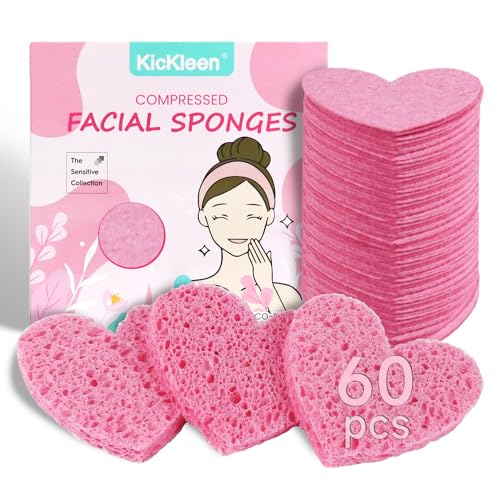 60-Count Kickleen Compressed Cellulose Heart Shape Facial Sponges | 100% Natural Cosmetic Spa Sponges for Facial Cleansing | Exfoliating | Makeup and Mask Removal | Reusable |Skin Massage (Pink) - color: Pink