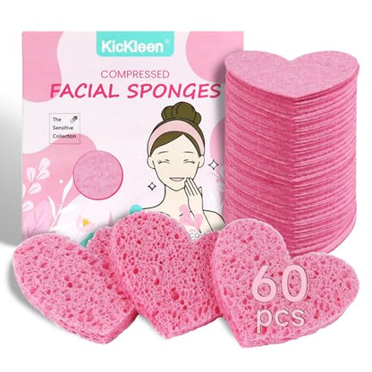 60-Count Kickleen Compressed Cellulose Heart Shape Facial Sponges | 100% Natural Cosmetic Spa Sponges for Facial Cleansing | Exfoliating | Makeup and Mask Removal | Reusable |Skin Massage (Pink) - color: Pink
