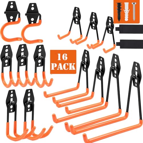 16 Pack Garage Hooks Heavy Duty, Industrial Wall Mount Garage Storage Hooks for Hanging Bike, Ladder and Garden Tools, Organization System with Mop Broom Holders, 100 LBS Capacity, Orange