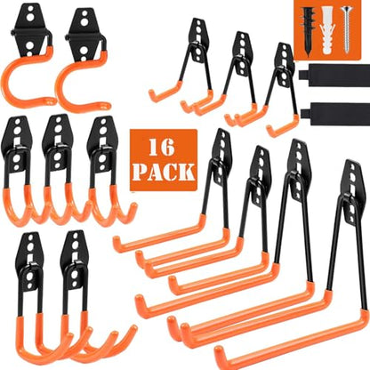 16 Pack Garage Hooks Heavy Duty, Industrial Wall Mount Garage Storage Hooks for Hanging Bike, Ladder and Garden Tools, Organization System with Mop Broom Holders, 100 LBS Capacity, Orange