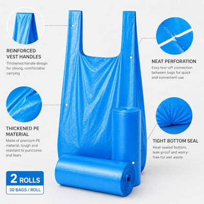 Trash Bags Small Garbage Bags with Handle 2 Rolls 60 Count Strong Kitchen Bathroom Waste Bags Leak Resistant Disposable Bin Liners Black - color: Blue