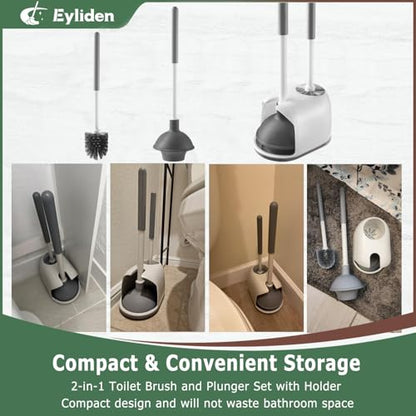 Eyliden Toilet Plunger and Brush Set, 2-in-1 Compact Holder | Unclogs Toilets, Deep Cleans Bowls, Nylon Bristles, Rubber Cup, Durable Plastic Caddy, Space-Saver, Bathroom Cleaning Tools - color: White & Grey