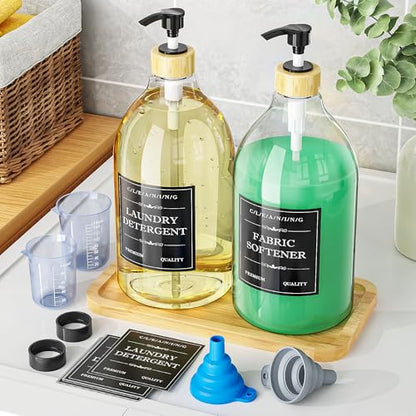Moforoco Liquid Laundry Detergent Dispenser with Bamboo Tray, 2 Pack 64 Oz Plastic Laundry Soap Dispenser, Fabric Softener Dispenser with Pump and Labels for Laundry Room Decor and Organization