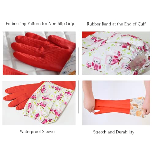Myungjin Fleece-Lined, Flock Lining, Insulated Long Cuff, Reusable Waterproof Household Kitchen Dishwashing Non-Slip Cleaning Latex Rubber Gloves (2 Pairs)