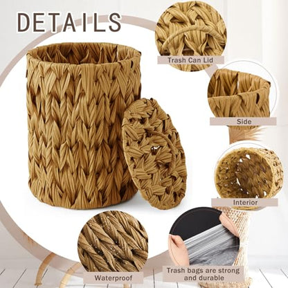 Ctosree 1.3 Gallons Small Trash Can with Lid Handle Boho Woven Braided Bathroom Waste Basket Trash Can with 100 Garbage Bags for Bedroom Office Laundry(Braided Polypropylene, Caramel Color) - color: Caramel Color, style: Round