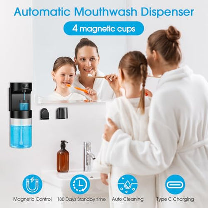 Automatic Mouthwash Dispenser for Bathroom,20.29 oz Touchless Electric Mouth Wash Dispensers Bathroom Accessories Set with 4 Magnetic Cups,4 Modes Wall Mounted Mouth Wash Dispenser for Home - color: Black