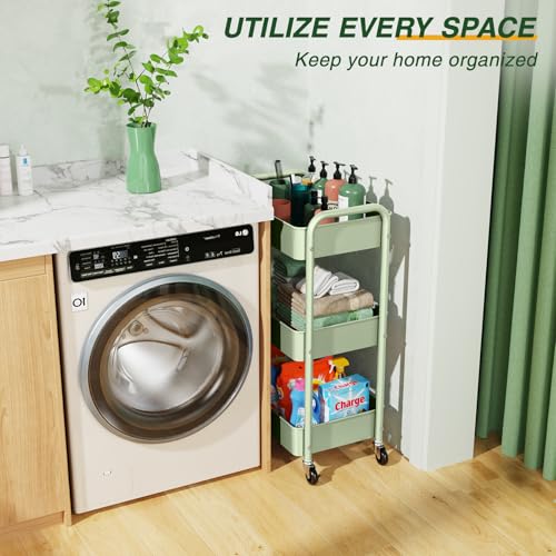 LEHOM 3 Tier Rolling Cart, Metal Rolling Utility Cart with Lockable Wheels & Hooks, Multi-Functional Heavy Duty Storage Cart Organizer for Bathroom, Kitchen, Office, Living Room - color: Green