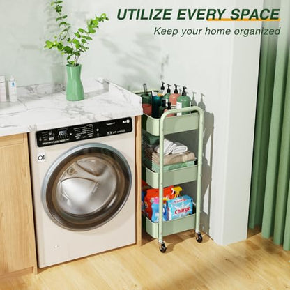 LEHOM 3 Tier Rolling Cart, Metal Rolling Utility Cart with Lockable Wheels & Hooks, Multi-Functional Heavy Duty Storage Cart Organizer for Bathroom, Kitchen, Office, Living Room - color: Green