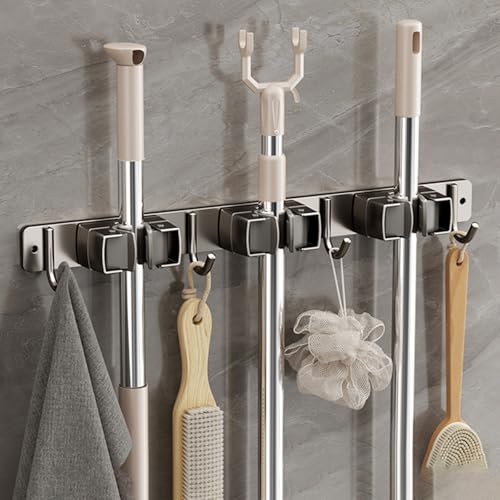 Wall-Mounted Broom Holder Stainless Steel Mop Storage Rack Laundry Room Storage Solution Suitable for Kitchens, Gardens,Garages (Option C: 3 clips with 4 hooks) - color: Option C: 3 clips with 4 hooks