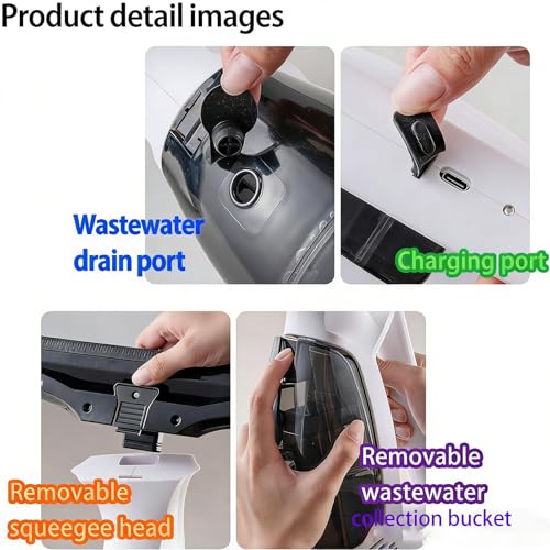 Cordless Window Vacuum Cleaner, Handheld Glass Cleaning Vacuum with 150ml Tank Telescopic Pole Spray Bottle Microfiber Squeegee Adjustable Nozzle for Windows Mirrors Tiles Shower Cleaning