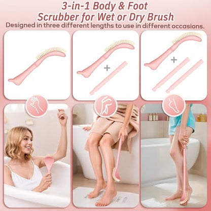New Foot Brush & Foot Files Set(3PCS), 3-in-1 Foot Scrubber with Long Handle, 10.2’’-27.5’’Adjustable Foot Scrub Brush and 2 Upgrade Foot File Callus Remover, Gift-Box Packed(Pink+2*Foot File) - color: Pink Kit04