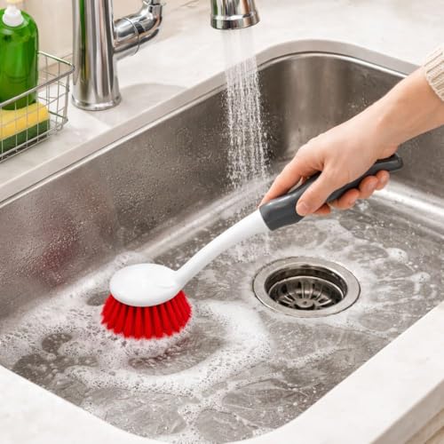 Dish Kitchen Sink Cleaning Brush | Tough Bristle Scrubber with Comfortable Grip | Bathroom Tile & Utensil Cleaner | Multipurpose Household Cleaning Tool | Pack of 1 - style: Long Handle Sink Brush Pack of 1