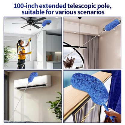 Cobweb Duster with Extension Pole, Washable Cleaning Duster Set with 2 Duster Heads, Spider Web Brush with Pole,high Ceiling Duster with Extension Pole,Cleaning Supplies,Ceiling Fan Cleaner
