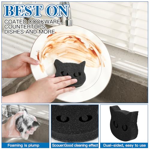 Tioncy 12 Pack Black Cat Sponges Bulk Dual Sided Scrubber Sponges Dishwashing Non Scratch for Cat Kitchen Accessories Dish Scouring - color: Black, style: Cat