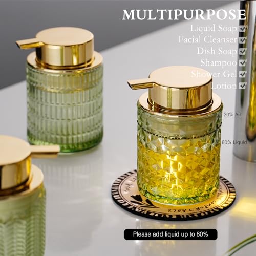 CICUFY Hand Soap Dispenser Glass, Refillable Liquid Dispenser for Bathroom & Kitchen,Lotion Dispenser with Large Gold Pump（Diamond Pattern-Green） - color: Green, style: Liquid(can't foam)/Diamond Pattern