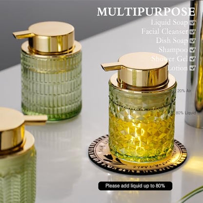 CICUFY Hand Soap Dispenser Glass, Refillable Liquid Dispenser for Bathroom & Kitchen,Lotion Dispenser with Large Gold Pump（Diamond Pattern-Green） - color: Green, style: Liquid(can't foam)/Diamond Pattern