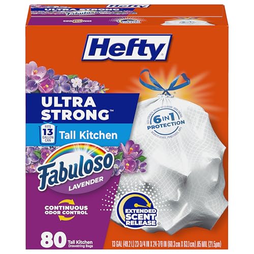 Hefty Ultra Strong 13 Gallon Trash Bags, Tall Kitchen Trash Bags 13 Gallon Size, Resist Leaks, Punctures, and Rips, Continuous Odor Control, White, Fabuloso Lavender Scent, 80 Bags - size: 80 Count (Pack of 1), style: Fabuloso
