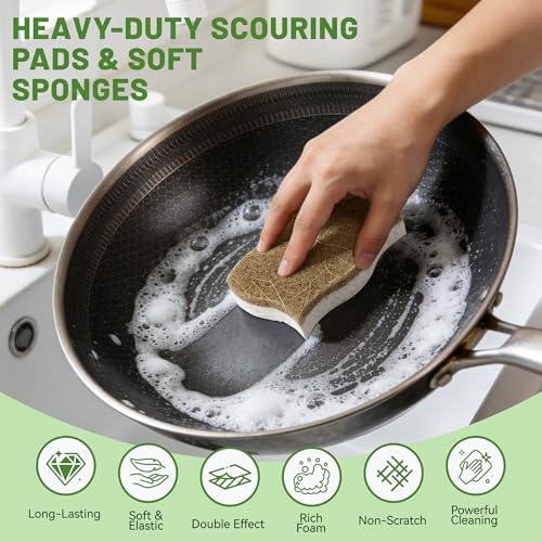 LILAC 12 Pack Natural Cellulose Sponges for Dishes - Non-Scratch Kitchen Scrub Sponges - 100% Biodegradable & Eco-Friendly Cleaning Sponges for Non-Stick Cookware, Bathroom & Household - color: Coconut Fiber, White