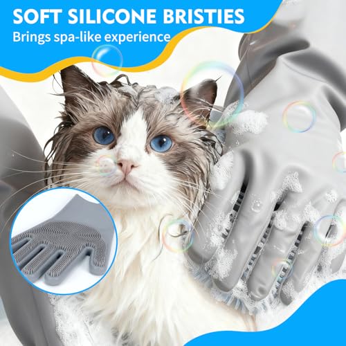 Silicone Dishwashing Gloves with Scrubber Bristles, Food-Grade Cleaning Mitts for Kitchen Dishes, Pet Grooming & Car Wash - color: Grey