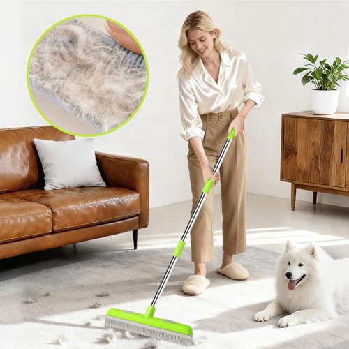 Pet Hair Removal Rubber Broom, Carpet rake with Squeegee for Cleaning Pet Hair, 52 inch Long Handle Rubber Broom,Dual-Sided for Fluff Carpet, Hardwood Floor, Tile,Green
