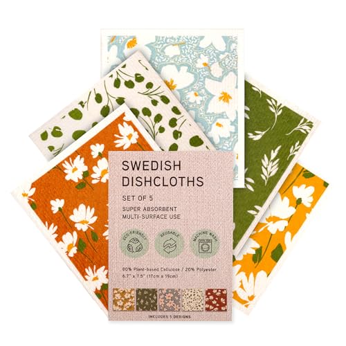 Swedish Dishcloths, Super Absorbent Multi-Surface Cleaning Cloths, Blue Floral Print, 80% Cellulose, 6.7x7.5 Inch, Set of 5 Designs - color: Multicolor
