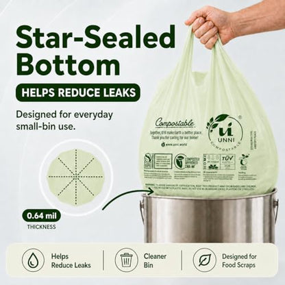 UNNI 1.6 Gallon Compostable Trash Bags with Tie Handles, 50 Count Small Food Scrap Kitchen Compost Bags for Countertop Bin, Certified by BPI, CMA & OK compost HOME, Meets ASTM D6400 - size: 50 Count (Pack of 1), style: 1.6 Gallon