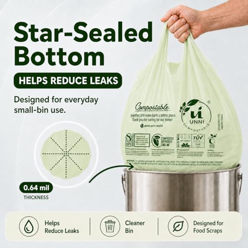 UNNI 1.6 Gallon Compostable Trash Bags with Tie Handles, 200 Count Small Food Scrap Kitchen Compost Bags for Countertop Bin, Certified by BPI, CMA & OK compost HOME, Meets ASTM D6400 - size: 200 Count (Pack of 1), style: 1.6 Gallon