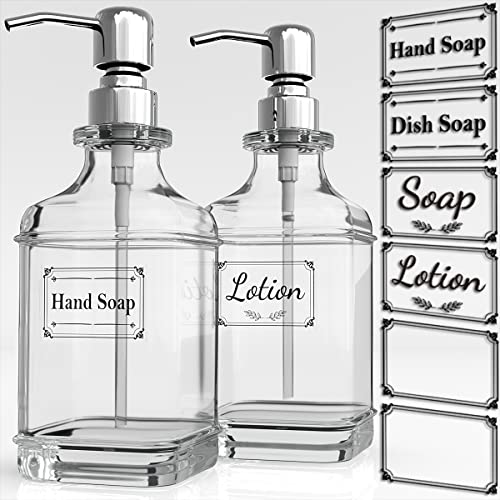 GLADPURE Soap Dispenser - 2 Pack, 18 Oz Antique Design Thick Glass Hand Soap Dispensers; with 304 Rust Proof Stainless Steel Pump, 6Pcs Clear Stickers, for Kitchen, Bathroom - Silver - color: Silver