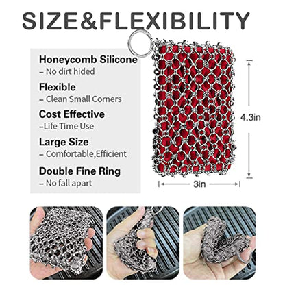 Herda 316L Cast Iron Scrubber Cleaner, Large Cast Iron Chain Mail Scrubber - Chainmail Scrubber Sponge - Metal Skillet Scrubbing, Wok, Dutch Oven Cleaning Kit - color: Red