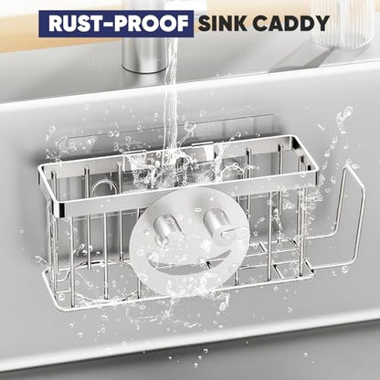 MURLONG Sponge Holder for Kitchen Sink,Sink Caddy Smiley Face,4-in-1 Sponge Holder with Suction Cups & 1 PCS Adhesive Strips for Holding Soap,Brush,Scrubber,Sponge,Stopper-Silver - color: Silver