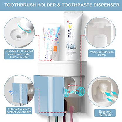 Toothbrush Holder Toothpaste Dispenser Wall Mounted with Cover, 4 Slots Electric Tooth Brush Storage Organizer with 2 Automatic Kids Toothpaste Squeezers for Shower Bathroom Blue, Self Adhesive - color: Blue