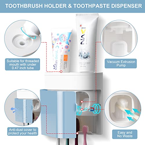 Toothbrush Holder Toothpaste Dispenser Wall Mounted with Cover, 4 Slots Electric Tooth Brush Storage Organizer with 2 Automatic Kids Toothpaste Squeezers for Shower Bathroom Blue, Self Adhesive - color: Blue