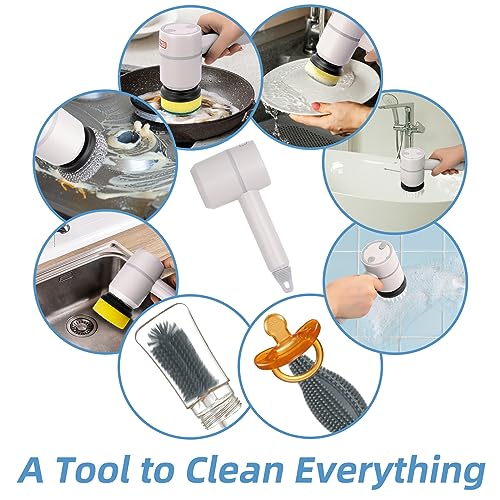 Super Electric Spin Scrubber 1000RPM with 6 Brush Heads, Portable Rechargeable Scrub Cleaner Cordless for Bathroom, Kitchen, Toilet, Bottle, Dish, Tile, Tub, Floor, Window Cleaning