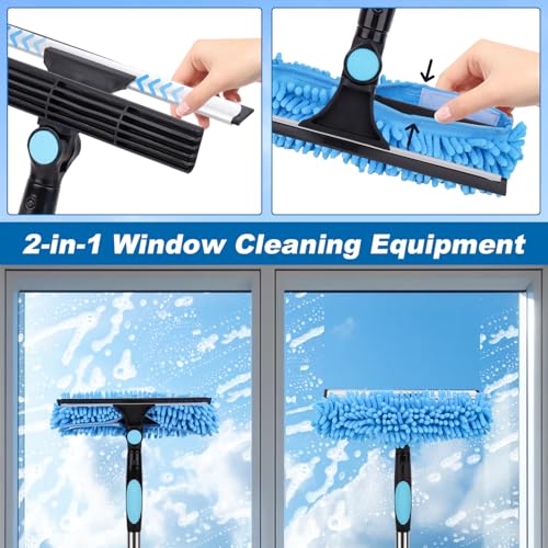 Window Squeegee Cleaner Tool with Extension Pole: 2-in-1 Window Cleaning Kit - 86.6 Inch Telescopic Long Window Cleaning Tool for High Windows Car Glass - with 2 Microfiber Cloth & Squeegee Blade - color: Blue