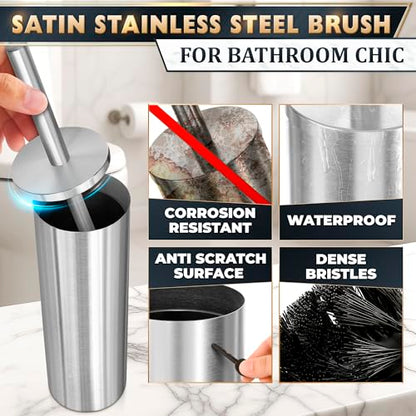 Stainless Steel Toilet Brush and Holder Set - Free-Standing Toilet Bowl Brush and Holder with Removable Inner Bowl, Splash Cover, Sturdy Bristles, Corrosion & Scratch Resistant - Modern Toilet Design - color: Silver