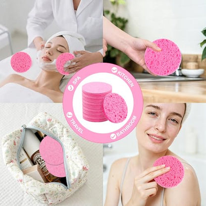 3.15in Large Compressed Facial Sponges 60 Pcs, 100% Natural Cellulose Face Sponges for Cleansing, Gentle Exfoliating, Makeup & Mask Removal, Spa Skincare, Travel Essentials for Women (Pink, Reusable) - color: Pink