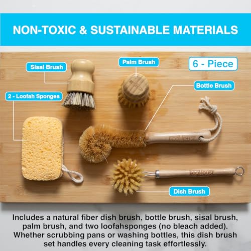 ECOHOUSE SUPPLY™ Bamboo Dish Brush Set – 6-Piece Natural Fiber Kitchen Brush Set with Loofah Sponges (No Bleach), Sisal & Palm Scrubbers – Non-Toxic, Eco-Friendly, Plastic-Free Dish Cleaning Brushes.