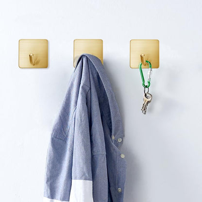 FOTYRIG Golden Stainless Steel Square Self Adhesive Hooks - Extra-Long Anti-Slip with Upgraded Adhesive, Holds 15lb Heavy Duty Wall Hooks for Kitchen, Bathroom, Garage -4 Packs - color: Gold