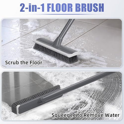 2 in 1 Floor Scrub Brush: Deck Brush with Squeegee - Long Adjustable Handle - 55'' Stiff Bristle Scrape Brush for Deck Patio Garage Shower Bathroom