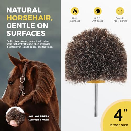 Bacar 4" Horsehair Polishing Wheel for Drill - Shoe & Leather Buffer Attachment, Soft Bristle Brush for Boots, Car Interior & Wood Care - style: Round Head