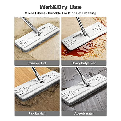 JOYMOOP Mop and Bucket with Wringer Set with 61" Mop Handle with Flexible 13" Flat Head with 8 pcs Microfiber Mop Pads - White