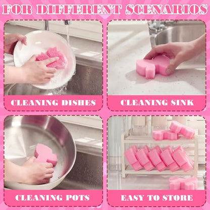 Tioncy 12 Pack Pink Bow Sponges Bulk Preppy Dual Sided Scrubber Stylish Pink Bow Sponges Reuseble Non Scratch Dishwashing Kitchen Cleaning Accessories for Cookware Pot Boiler Pan Household - style: Stylish Bow