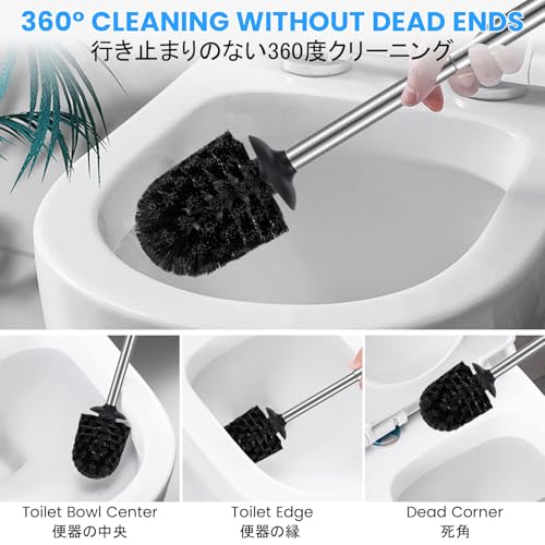 Stainless Steel Toilet Brush and Holder Toilet Brush and Cases Bathroom Bowl Cleaning Brush Double Layer Holder Long Brush Handle High Density Bristles Silver