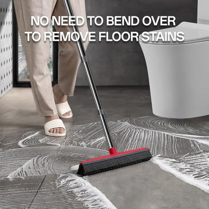 Rubber Broom with Hair Removal Gloves for Carpet Pet Hair Remover,50 inch Long Handled Fur Remover Rake,Portable Detailing Lint Brush,Pet Removal Fluff Carpet, Hardwood Floor and Tile,Red