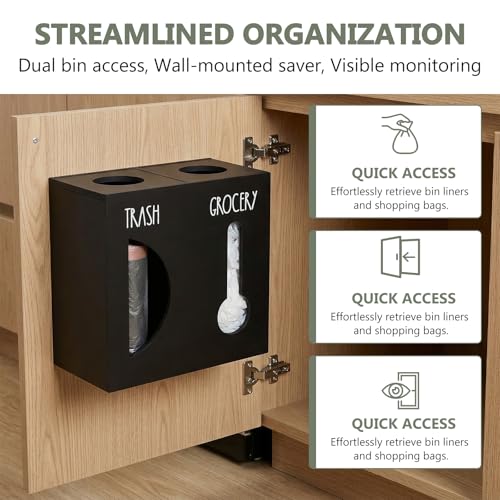 2 in 1 Trash Bag Dispenser, Double Wall Mounted,Wood Trash Bag Holder, used in kitchen, garage, laundry room, can store Environmentally friendly food bags and garbage bags(Black/Large) - color: Black/Large